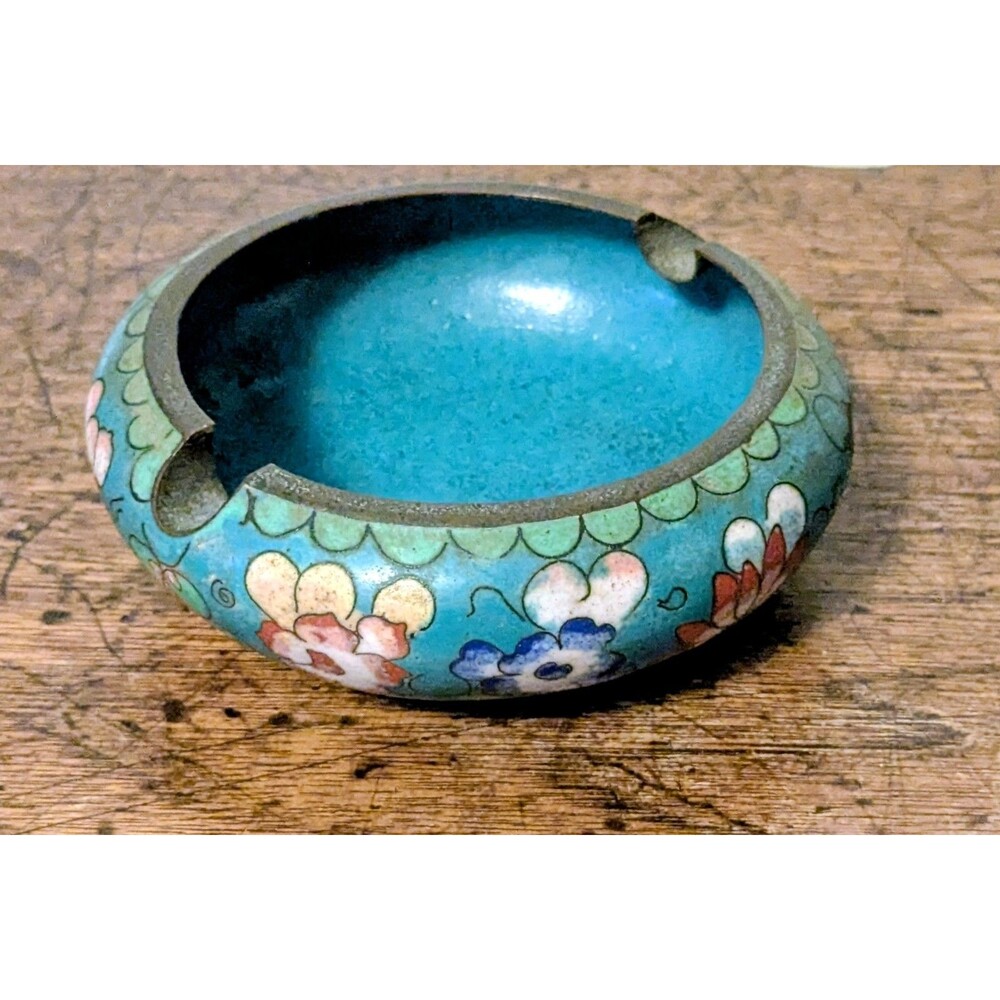 Vintage Chinese Cloisonné Enamel Floral Ashtray & Ring Dish – Turquoise...